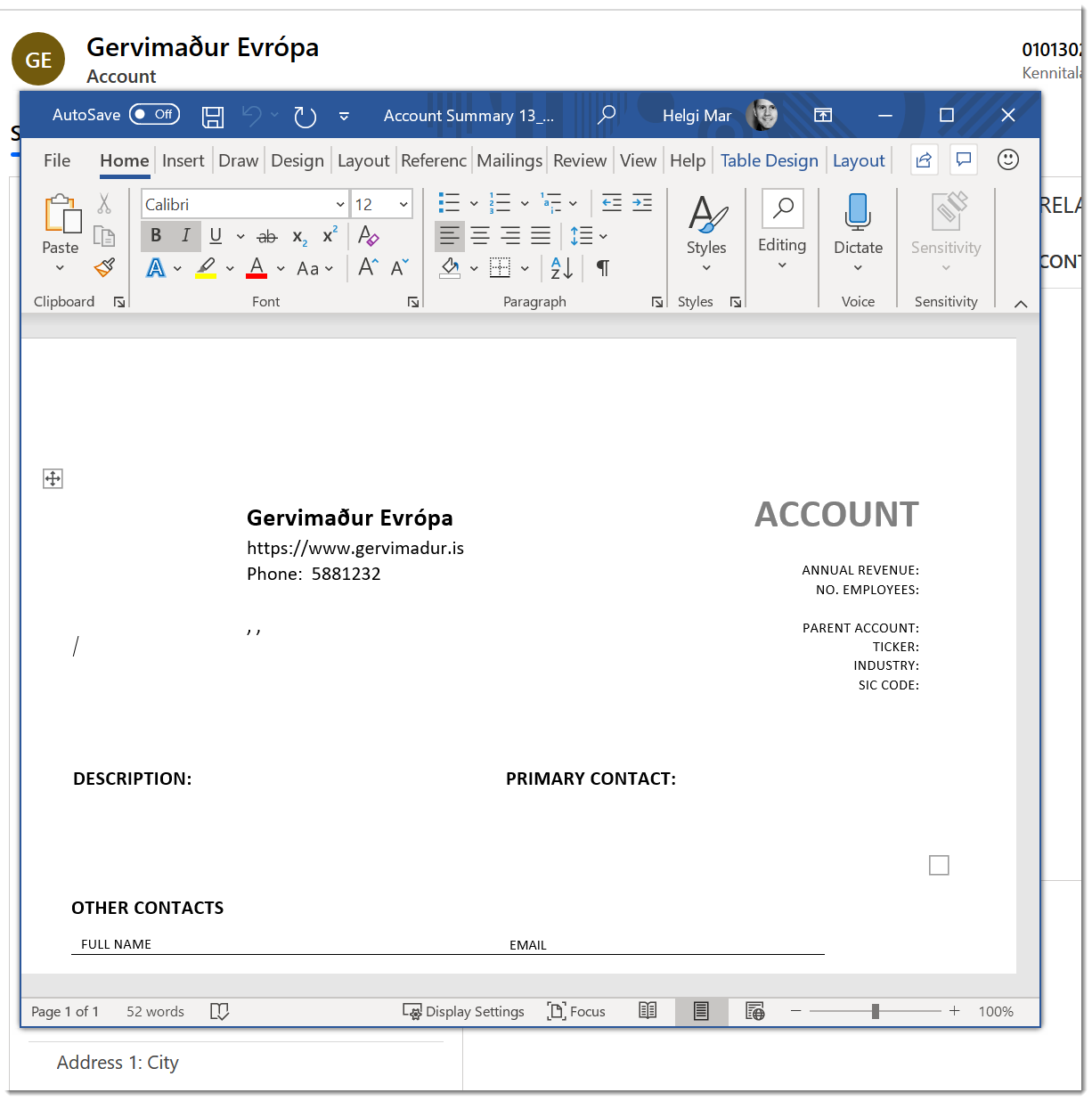 Word templates in  Dynamics 365